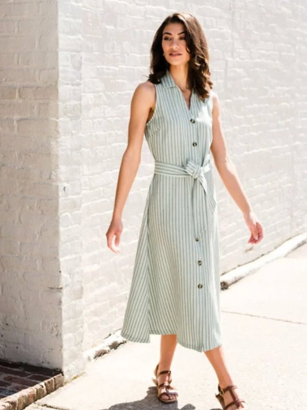 ABLE Maddison Button Front Dress in Green Stripe Midi Dress SIze Medium